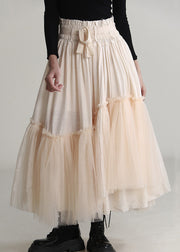 Art Apricot Ruffled Lace Up Tulle Patchwork Skirts Spring