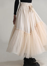 Art Apricot Ruffled Lace Up Tulle Patchwork Skirts Spring