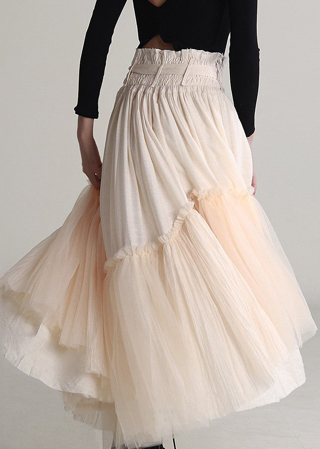 Art Apricot Ruffled Lace Up Tulle Patchwork Skirts Spring