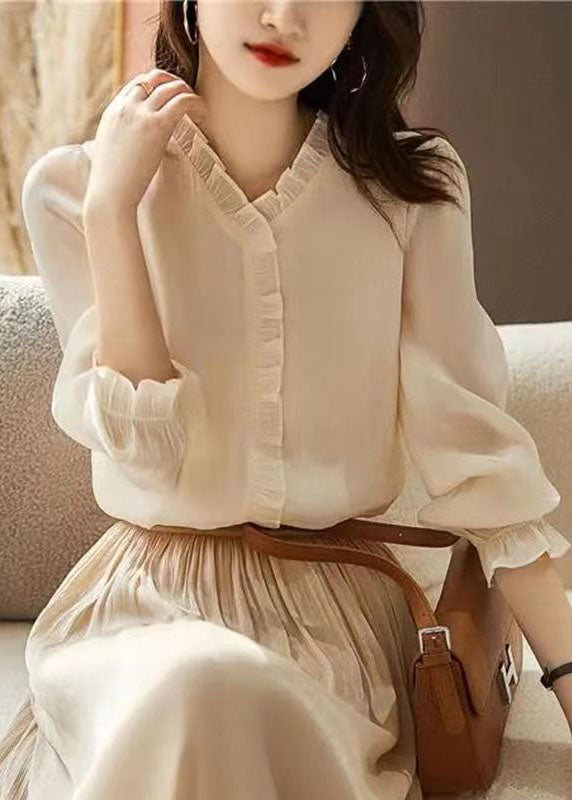 Art Apricot Ruffled Patchwork Chiffon Shirt Top Spring