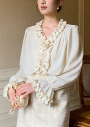 Art Apricot Ruffled Solid Chiffon Shirt Petal Sleeve