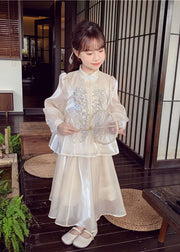 Art Apricot Sequins Button Silk Kids Shirts And Maxi Skirts Two Pieces Set Spring