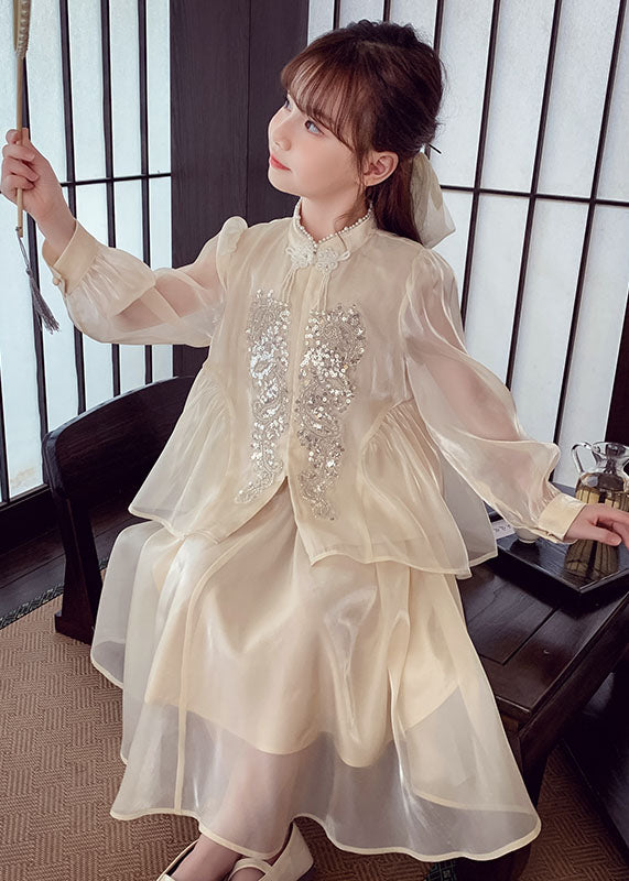 Art Apricot Sequins Button Silk Kids Shirts And Maxi Skirts Two Pieces Set Spring