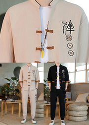 Art Apricot Stand Collar Button Mens Shirt And Harem Pants Two Pieces Set Summer