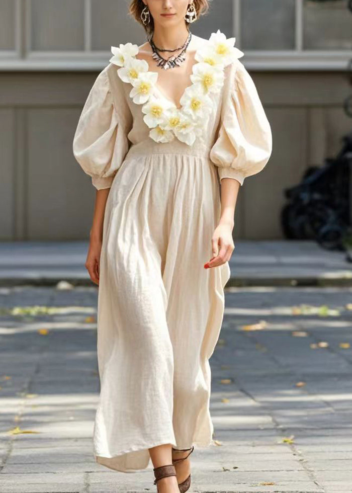 Art Apricot Three-dimensional Floral Cotton Robe Dresses Summer