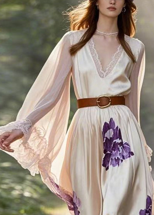 Art Apricot V Neck Print Chiffon Dresses Spring