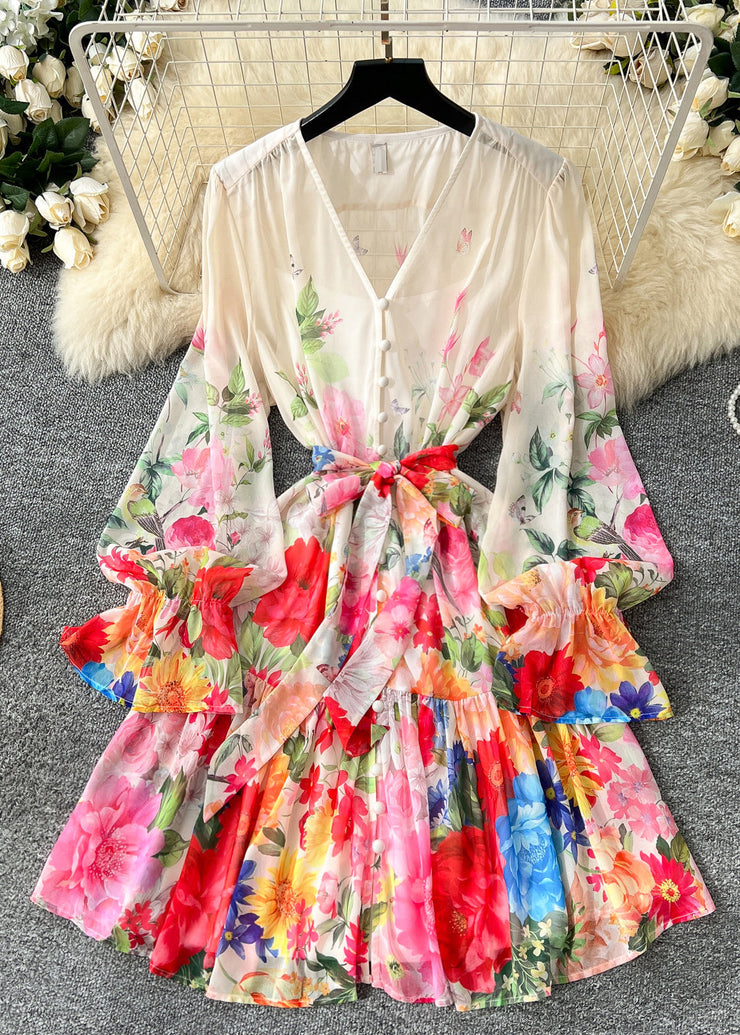 Art Apricot V Neck Print Chiffon Work Dress Spring