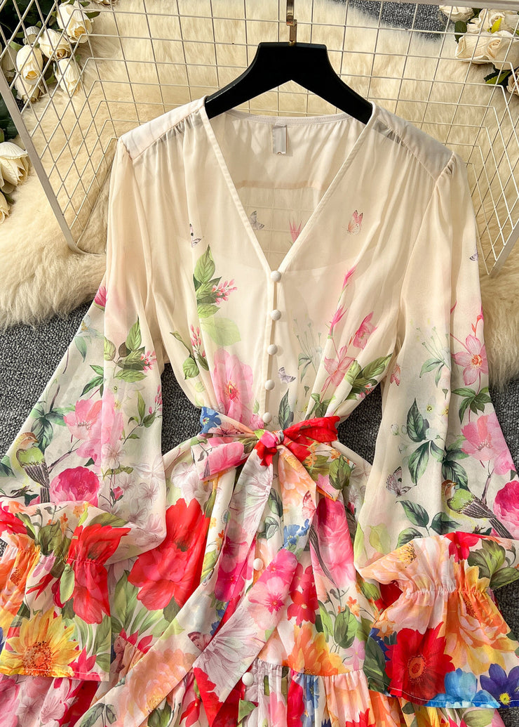 Art Apricot V Neck Print Chiffon Work Dress Spring