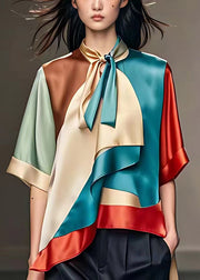 Art Asymmetrical Scarf Collar Patchwork Silk Shirt Half Sleeve