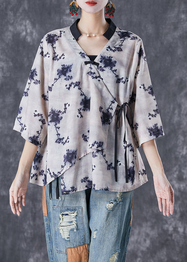 Art Asymmetrical Tie Dye Tie Waist Linen Shirt Top Summer