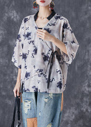 Art Asymmetrical Tie Dye Tie Waist Linen Shirt Top Summer