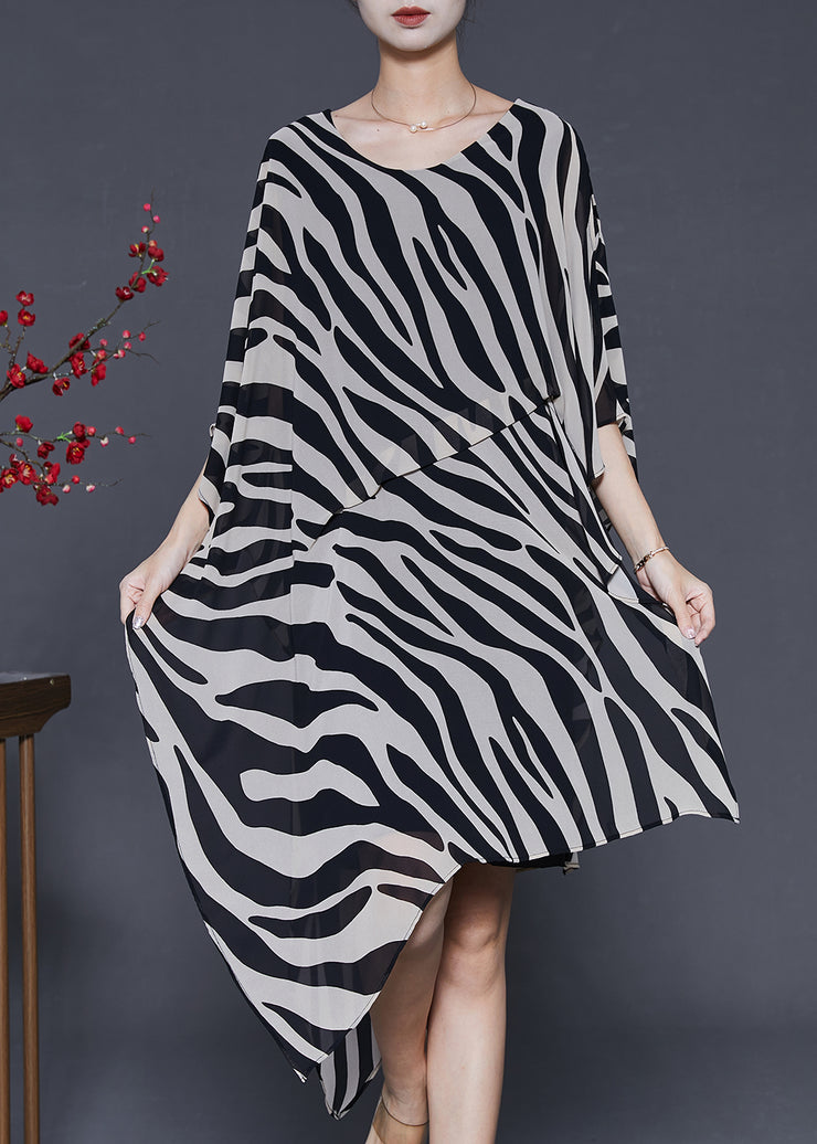 Art Asymmetrical Zebra Pattern Print Chiffon Dresses Summer