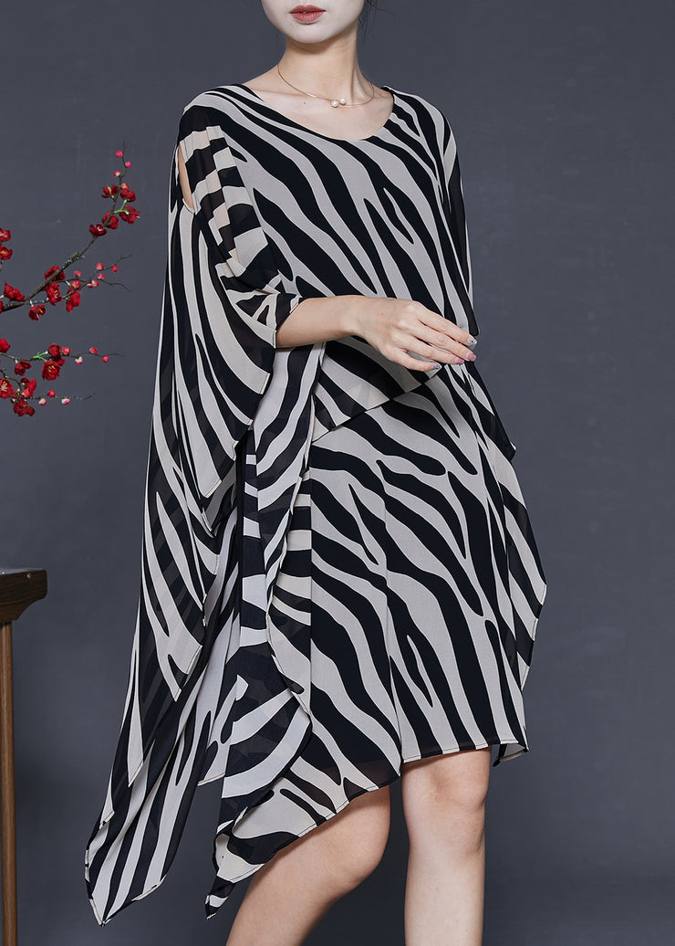 Art Asymmetrical Zebra Pattern Print Chiffon Dresses Summer