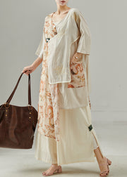 Art Beige Asymmetrical Design Embroidered Cotton Two Pieces Set Spring