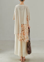 Art Beige Asymmetrical Design Embroidered Cotton Two Pieces Set Spring