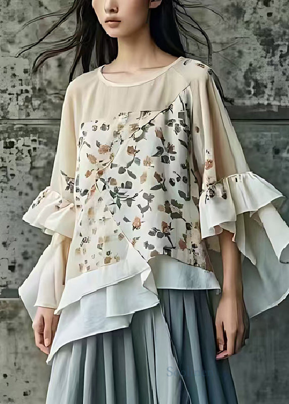 Art Beige Asymmetrical Print Cotton Shirts Summer