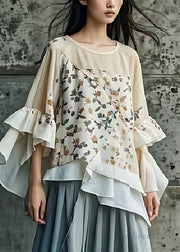 Art Beige Asymmetrical Print Cotton Shirts Summer
