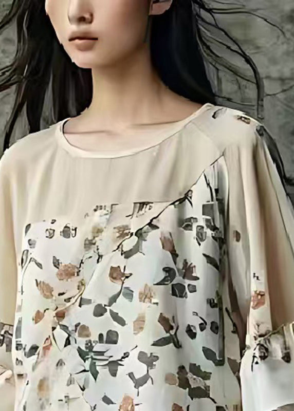 Art Beige Asymmetrical Print Cotton Shirts Summer