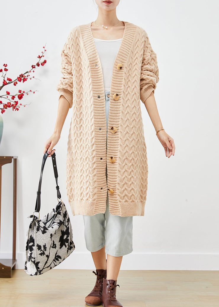 Art Beige Button Down Warm Cable Knit Loose Coat Fall