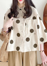 Art Beige Dot Pockets Patchwork Cotton Shirt Bracelet Sleeve