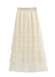 Art Beige Elastic Waist Tulle Maxi Cake Skirts Summer