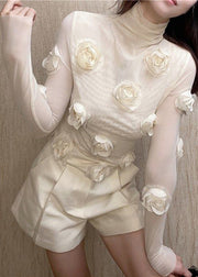 Art Beige Floral Solid Tulle T Shirts Spring