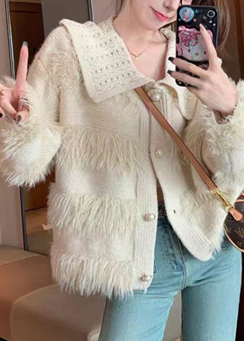 Art Beige Fluffy Button Patchwork Knit Coats Spring