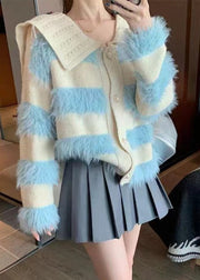 Art Beige Fluffy Button Patchwork Knit Coats Spring