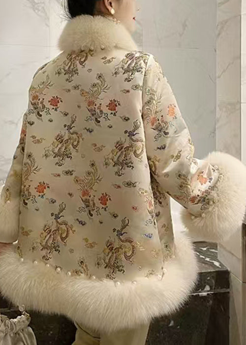 Art Beige Fur Collar Nail Bead Patchwork Parka Winter