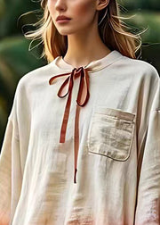 Art Beige Lace Up Pockets Cotton Shirt Long Sleeve