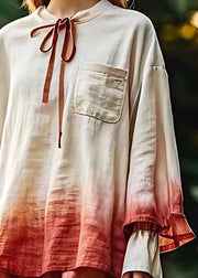 Art Beige Lace Up Pockets Cotton Shirt Long Sleeve