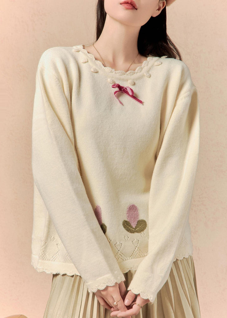 Art Beige O Neck Hollow Out Knit Sweaters Winter