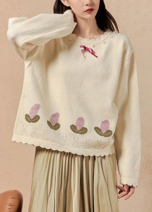 Art Beige O Neck Hollow Out Knit Sweaters Winter