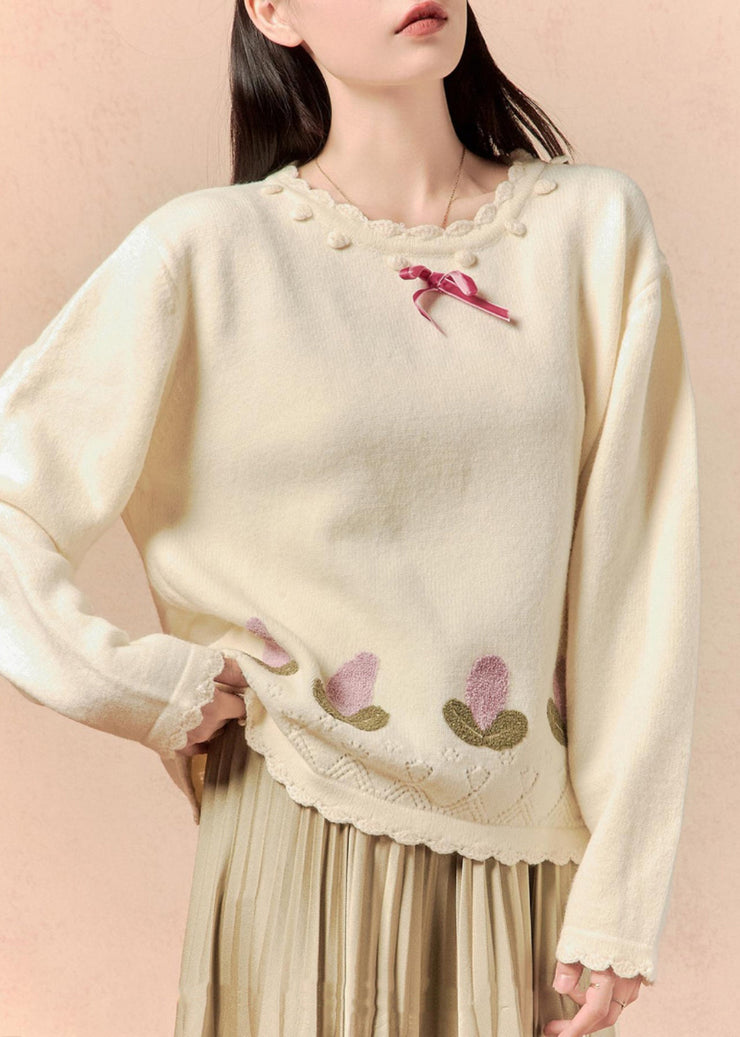 Art Beige O Neck Hollow Out Knit Sweaters Winter