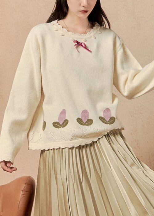 Art Beige O Neck Hollow Out Knit Sweaters Winter