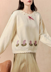 Art Beige O Neck Hollow Out Knit Sweaters Winter