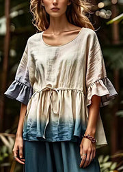 Art Beige O Neck Lace Up Cotton Blouse Half Sleeve