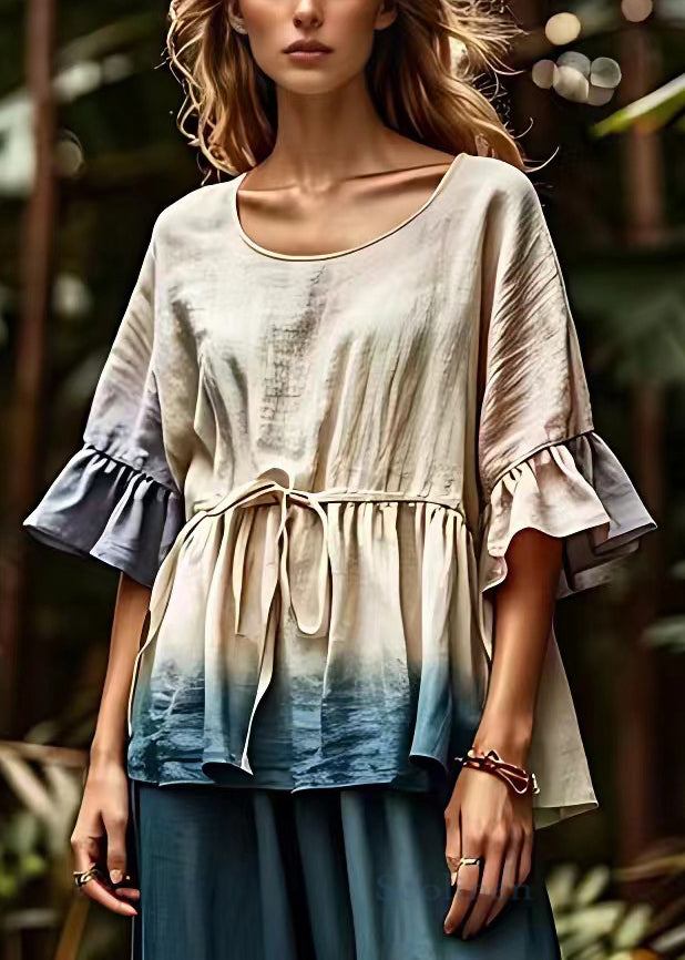 Art Beige O Neck Lace Up Cotton Blouse Half Sleeve