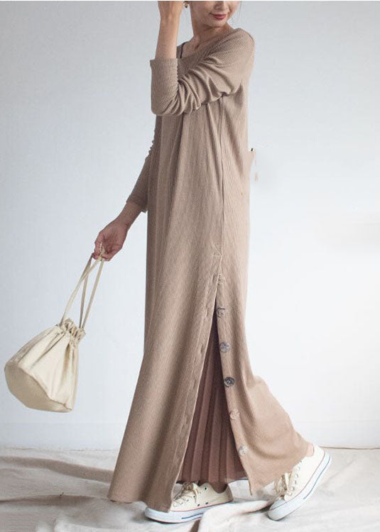 Art Beige O-Neck Oversized Side Open Knit Ankle Dress Spring