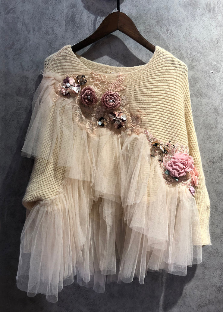 Art Beige O Neck Tulle Patchwork Knit Sweater Spring