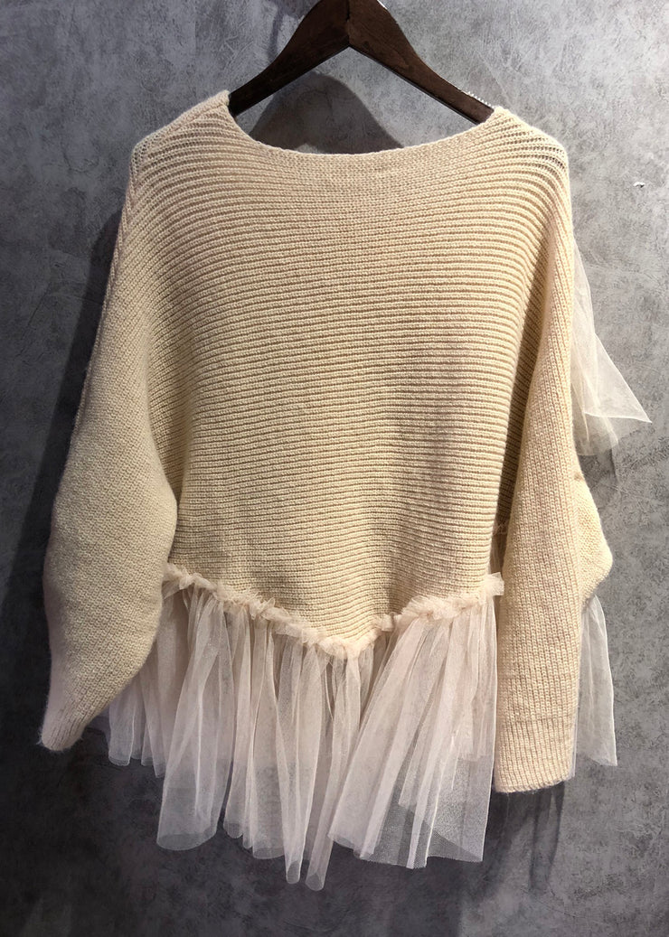 Art Beige O Neck Tulle Patchwork Knit Sweater Winter