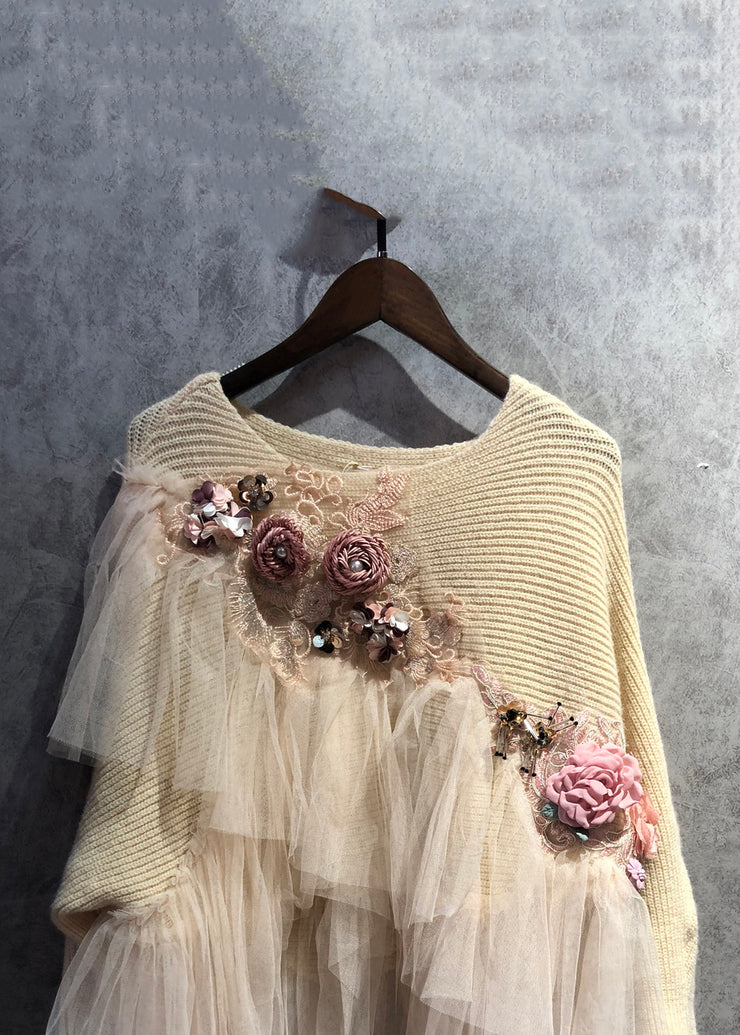 Art Beige O Neck Tulle Patchwork Knit Sweater Spring