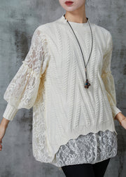 Art Beige Oversized Patchwork Lace Knit Top Spring