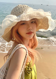 Art Beige Pearl Tulle Patchwork Straw Woven Bucket Hat