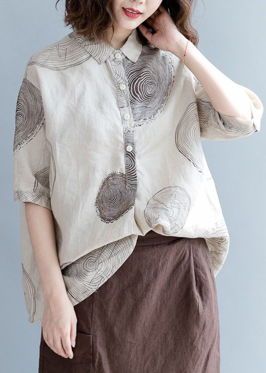 Art Beige Peter Pan Collar Print Cotton Blouse Tops Half Sleeve