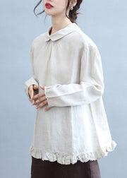 Art Beige Peter Pan Collar Ruffles Linen Shirt Top Fall