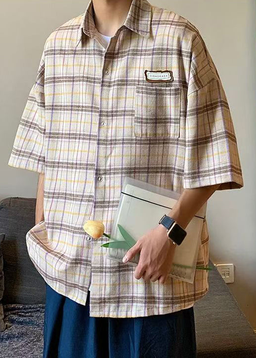 Art Beige Plaid Button Cotton Men Shirt Summer