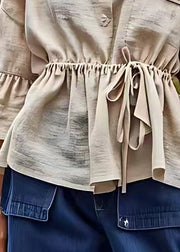 Art Beige Pockets Lace Up Cotton Shirt Bracelet Sleeve