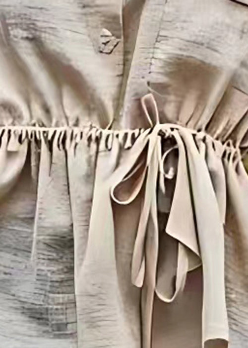 Art Beige Pockets Lace Up Cotton Shirt Bracelet Sleeve