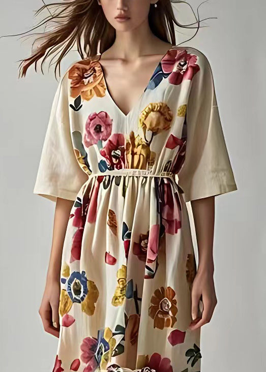 Art Beige Print High Waist Cotton Long Dresses Summer